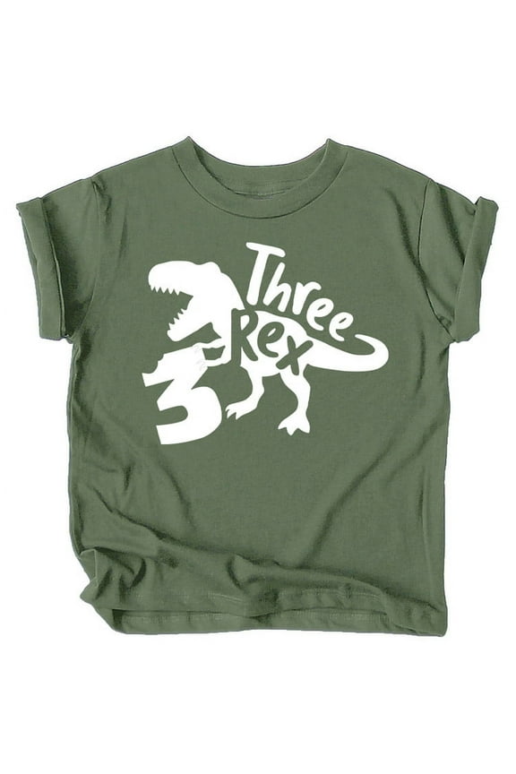 Three Rex T-Rex Chomp 3rd Birthday T-Shirts for Baby Girls and Boys Third Birthday Outfit White on Military Green Shirt 4T