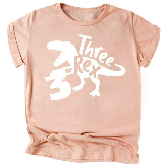 Three Rex T-Rex Chomp 3rd Birthday T-Shirts for Baby Girls and Boys Third Birthday Outfit White on Peach Shirt 4T
