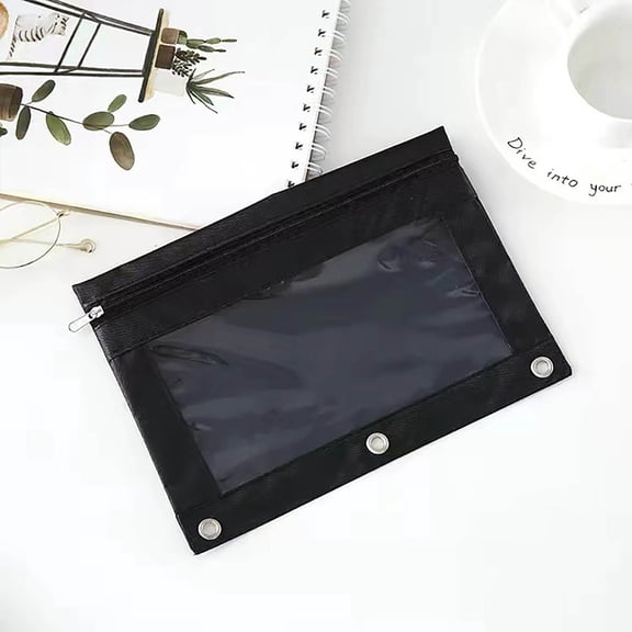 Three Ring Zipper Pencil Pouch with Transparent Window, Double Compartment Large Capacity Canvas Pencil Case, 3 Ring Binder Document Storage Bag, Stationery Organizer