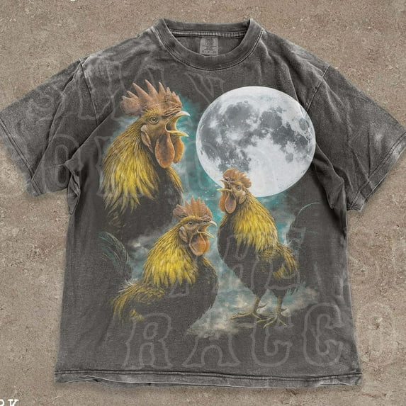 Three Roosters Moon Shirt For Men Women Distressed Tee DARK HEATHER Unisex S-5XL Hot Trending Shirt, Vintage Birthday Gift