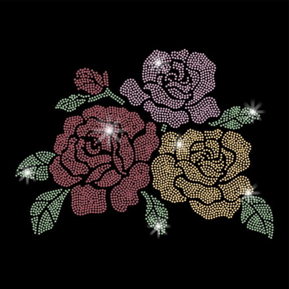 Three Roses Iron on Rhinestones Colorful Flowers Heat Transfer Stickers DIY Colorful Iron-on Decals Bling Rhinestones Patches for T-Shirt Clothing Hoodies Coat Art Craft Decor Gifts