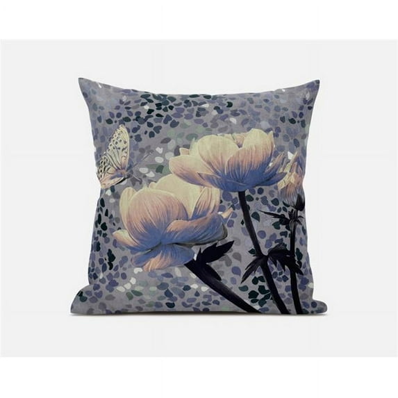 Three Roses with Butterfly Throw Pillow in Muted Yellow Black Gray 16x16