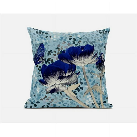 Three Roses with Butterfly Throw Pillow with Removable Cover in Electric Blue Cream 18x18