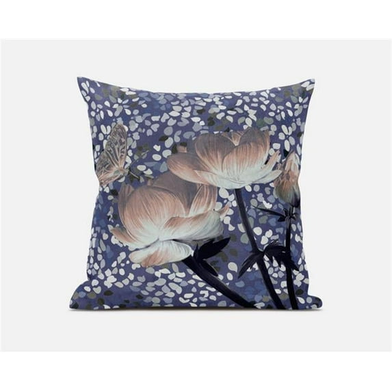 Three Roses with Butterfly Indoor/Outdoor Fabric Pillow Zipped -Peach Blue 16"