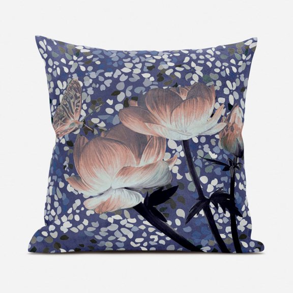 Three Roses with Butterfly Throw Pillow with Removable Cover in Peach Light Blue Gray 18x18