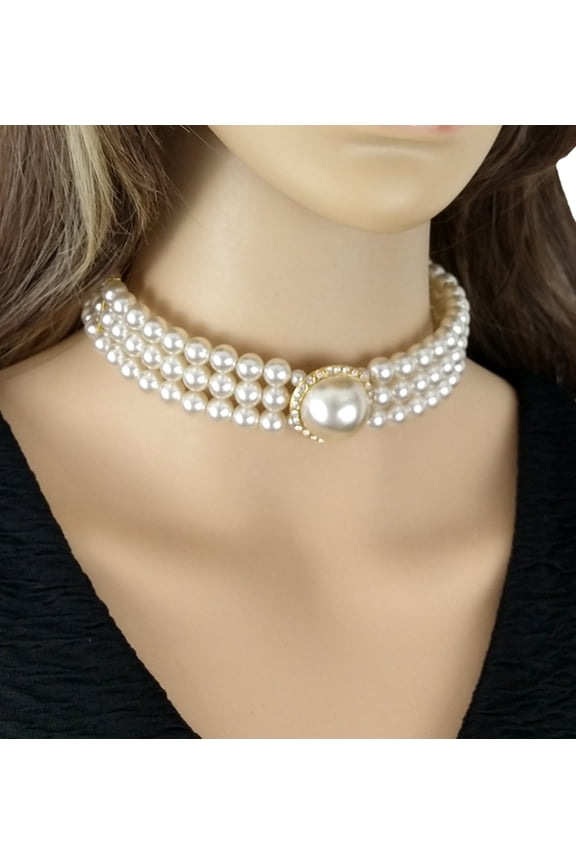 Three Row Faux Pearl Cabochon Dog Collar Choker Necklace 14-16.5" Ladies Adult Women
