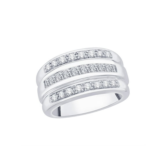 Three Row Round and Princess Cut Diamond Wedding Band in 14K White Gold (3/4 cttw) (I-Color, SI3/I1-Clarity) (Size-6.5)
