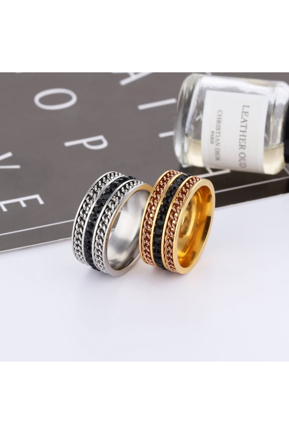 Three Row Wide Cable Chain Black Diamond Ring For Men Titanium Steel With Gem Inlays Elegant Modern Design Art