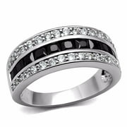 Three Rows of Round Clear CZ and Black Princess CZ Stainless Steel Non Tarnish Wedding Eternity Band - Size 9