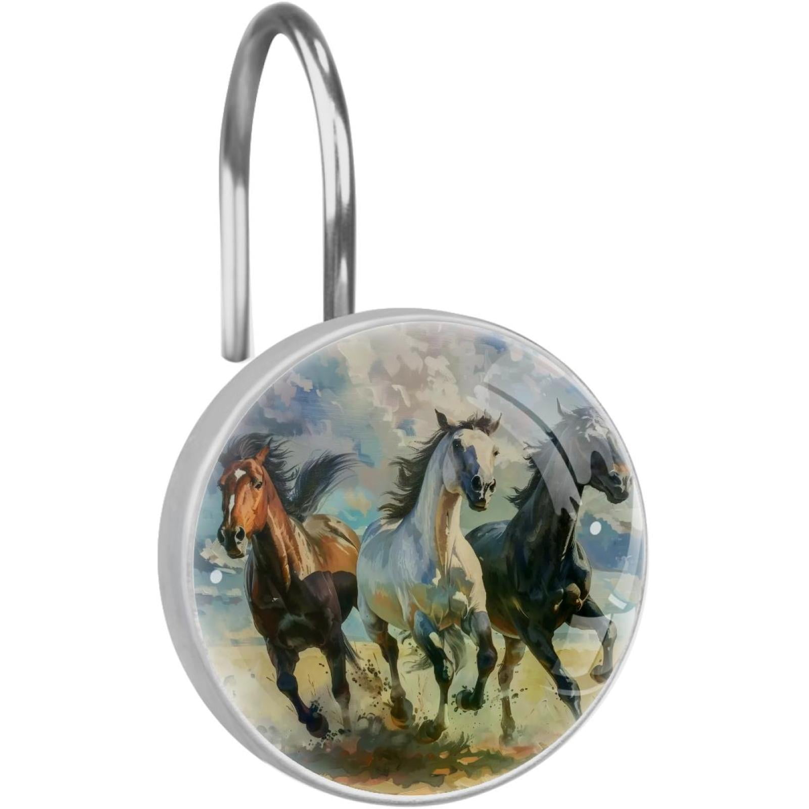 Three Running Horses Shower Curtain Hooks Round Crystal Glass, Set of 12 Shower Curtain Rings - Shower Hooks for Curtain Shower Rings