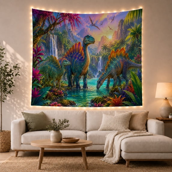 Three Sailback Dinosaurs in Teal Water Under Waterfalls, Adventurous Digital Art for Reptile Fans, Prehistoric Decor, Birthday Gift, Tapestry Wall Hanging for Bedroom and Dorm