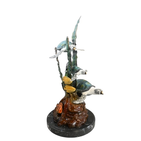 Three Sea Turtles Bronze Sculpture Vertical Coral 18"x13"x28"H