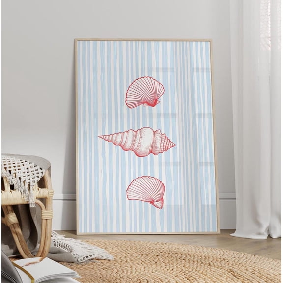 Three Seashells Wall Art Print, Striped Red Line Coastal Poster Unframed Paper Print