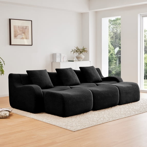 Three-Seat Boneless Sofa High-Quality Teddy Fabric ,No assembly required Curved armrest Anti-slip Design Ergonomic design, Assembly Chaise 32D High Density Sponge living rooms media rooms,Black
