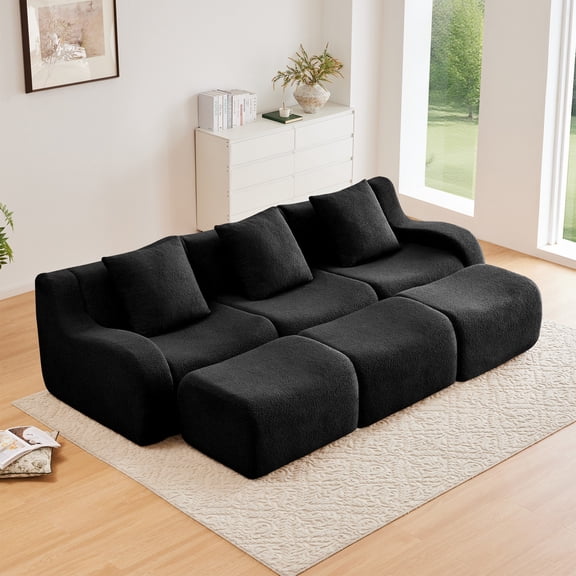 Three-Seat Boneless Sofa High-Quality Teddy Fabric, No assembly Required Curved Armrest Anti-slip Design Ergonomic Design, Assembly Chaise 32D High Density Sponge Living Rooms Media Rooms (Black)