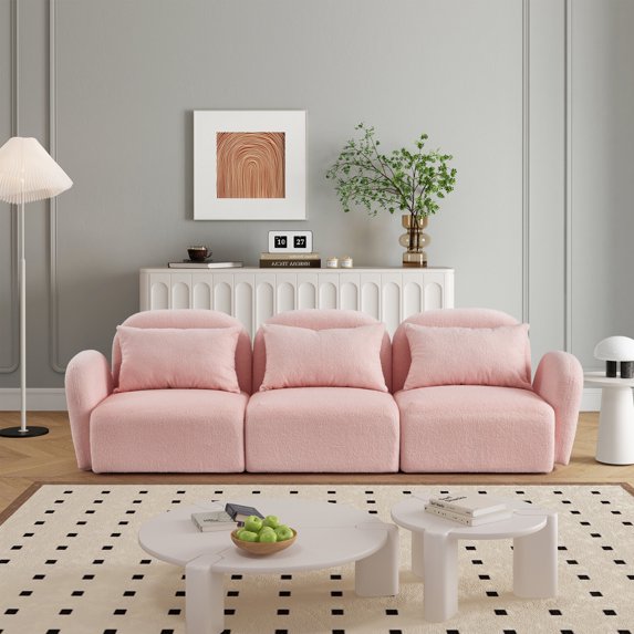 Three-Seat Sofa with Three Pillow, Modern Teddy Fabric Petal Sofa with Curved Armrests and Backrests, Comfy Living Room 3-Seat Sofa Furniture, Pink