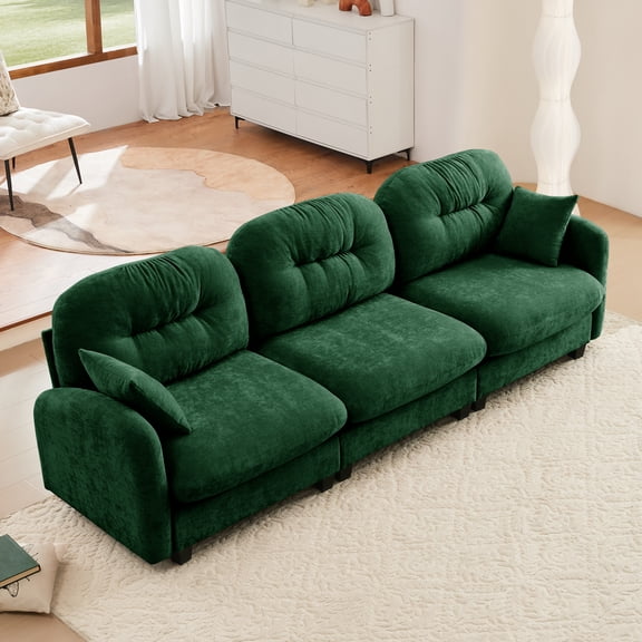 Three-Seate Modular Sectional Couch,Soft Chenille Fabric High-Density Foam ,Quilted Pleated Design Ergonomic Design,Elegant Armrests,High Quality Wooden Base,Fits Bedrooms Living Rooms,Green