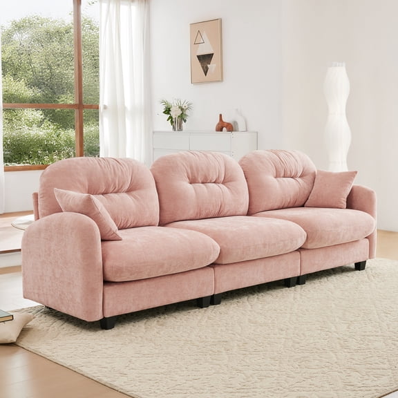 Three-Seate Modular Sectional Couch,Soft Chenille Fabric High-Density Foam,Tufted Cushion Backrest Design Ergonomic Design,Elegant Armrests,High Quality Wooden Base,Fits Bedrooms Living Rooms,Pink