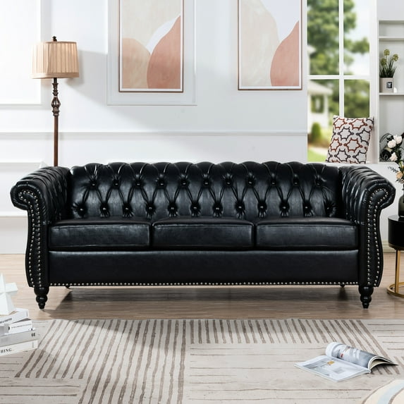 Three Seater In Black Pu, 85.97" Size, With Cushions Pu Couch, Rolled Arm Feature, Staggered Pull Buckles Arrangement, Soft Leather Covering, Solid Wood + Plywood Structure