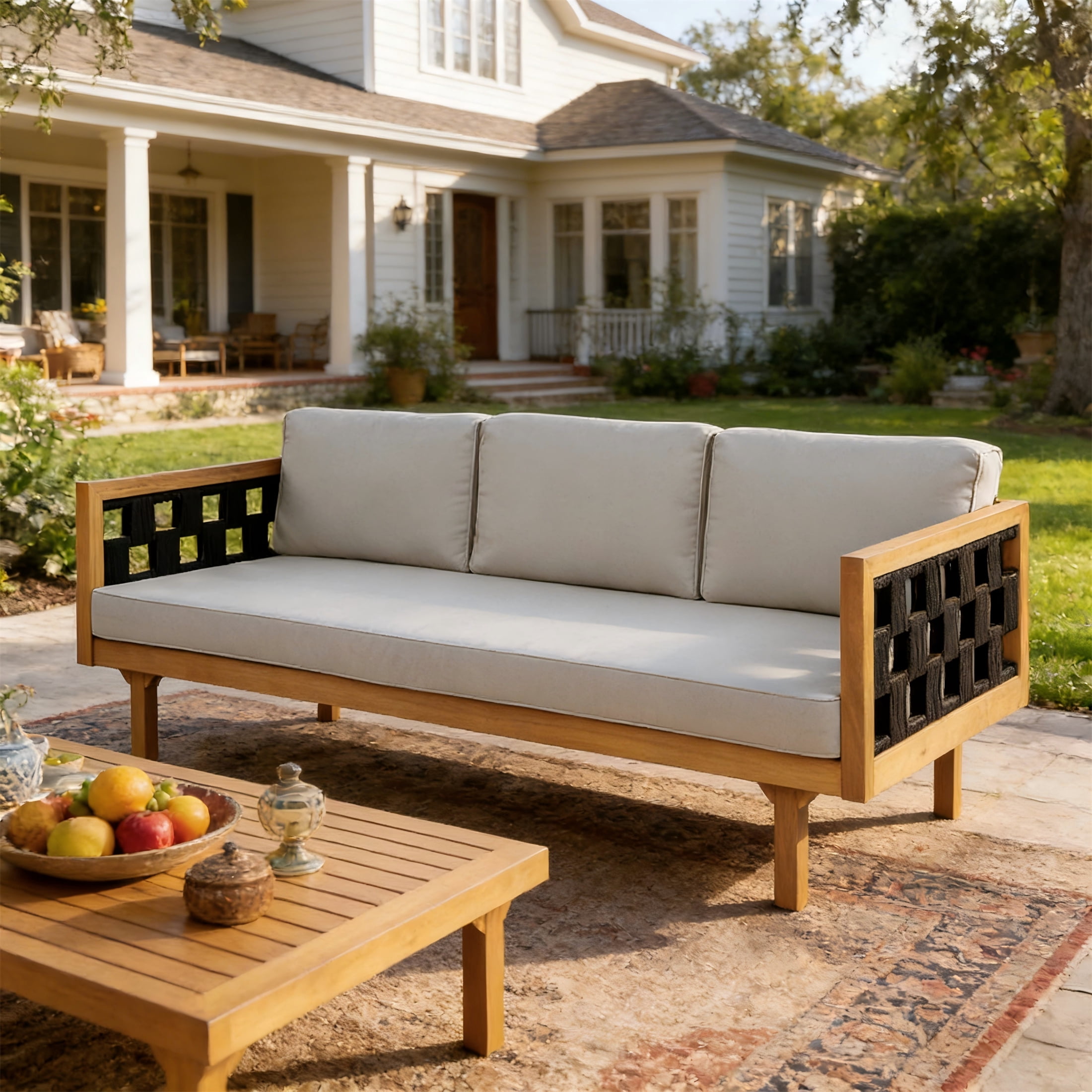 Three-Seater Daybed, Outdoor Acacia Wood Teak Finish Daybed with Light Grey Cushions for Patio Garden, Teak