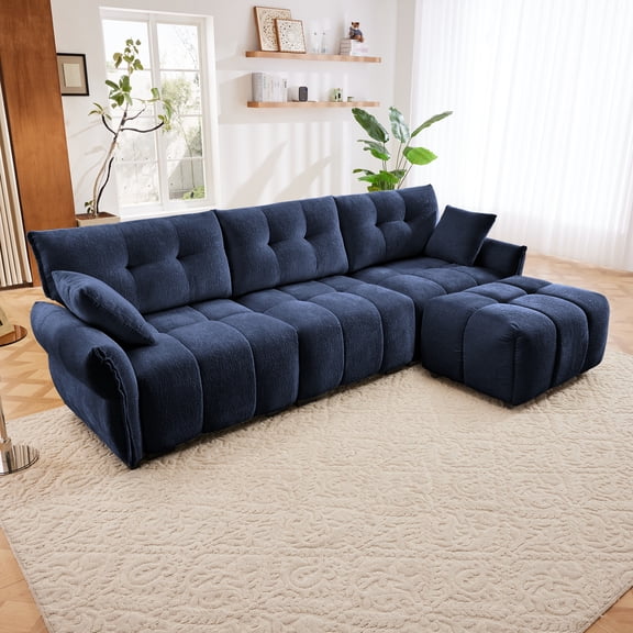 Three - Seater Sofa Set With Ottoman And Pillows,Solid Wood, Textured Chenille, High - Resilience Cushions, Ideal for Living, Lounge, Office, Hotel Spaces, In Blue