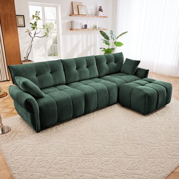 Three - Seater Sofa Set With Ottoman And Pillows,Solid Wood, Textured Chenille, High - Resilience Cushions, Ideal For Living, Lounge, Office, Hotel Spaces, In Green