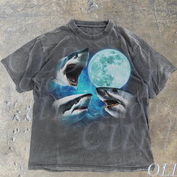 Three Sharks Vintage Graphic T-Shirts, Retro Shark Moon Tshirt, Skark Ocean Lovers, Grunge 90S Sea Life Top, Oversized Tee, Core DARK HEATHER Unisex S-5XL Hot Trending Shirt, Vintage Birthday Gift