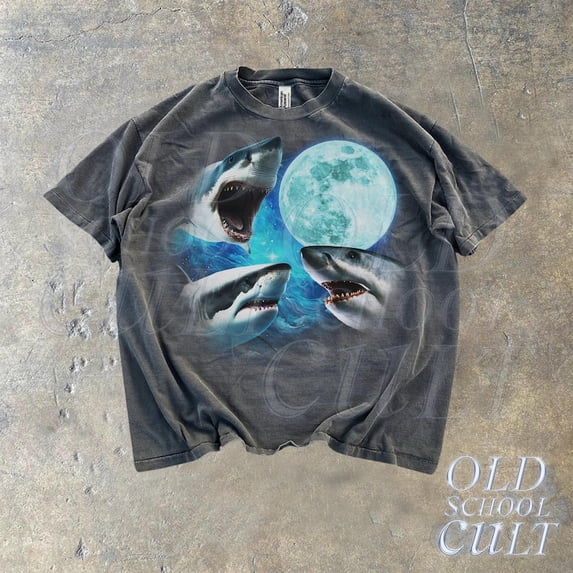 Three Sharks Vintage Graphic T-shirts, Retro Shark Moon Tshirt, Skark Ocean Lovers, Funny Graphic Tee, Oversized Washed Tee, Weirdcore Shirt TH220565