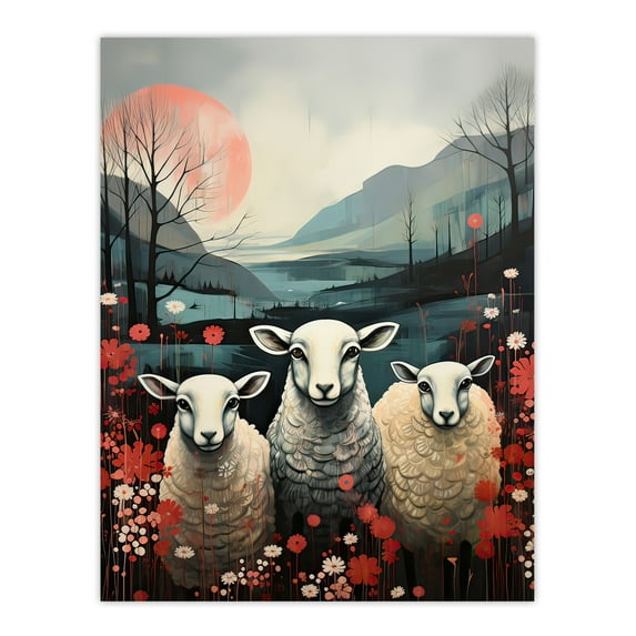 Three Sheep Pink Blue Floral Scottish Landscape Extra Large XL Wall Art Poster Print