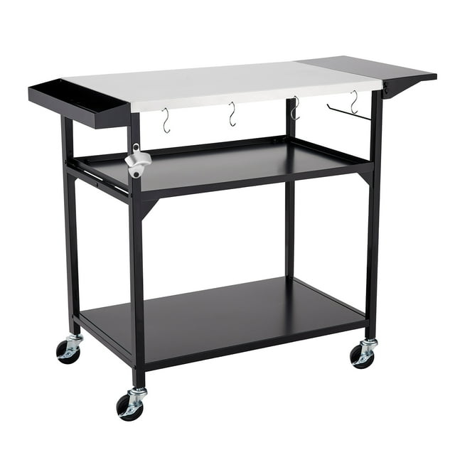 Three-Shelf Movable Outdoor Dining Cart Table,Outdoor Grill Table Cart with 4 Wheels,Stainless Steel Pizza Oven Tables for Outside,Movable Prep Table Cooking Station,Multifunctional Grill Cart