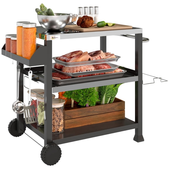 Three-Shelf Outdoor Grill Cart, Tabletop Pizza Oven Stand, Movable Rolling Food Prep Table with Side Handle, Seasoning Shelf, Paper Towel Rack and Utensil Hooks for Patio Garden Backyard