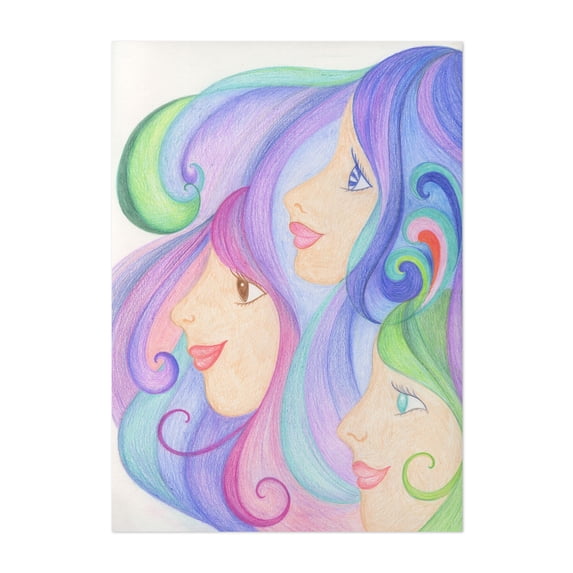 Three Sisters - Illustration Surrealism Pastel Psychedelic Modern Art Whimsical Pop Art Fantasy Unframed Wall Art Print 24 x 32 inches