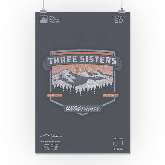 Three Sisters, Oregon - Pacific Northwest Volcanoes - Vector Badge - Lantern Press Artwork (16x24 Giclee Gallery Print, Wall Decor Travel Poster)