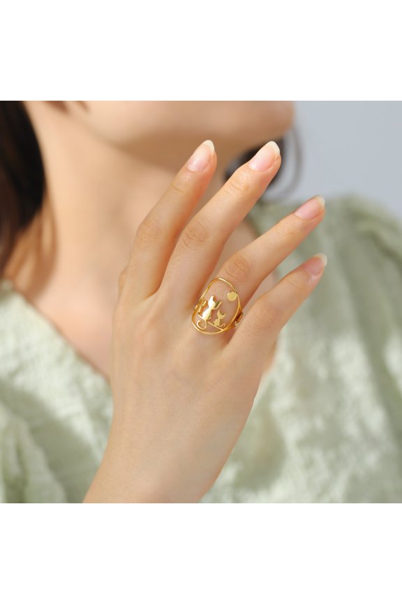 Three Sitting Cats Full Moon Rings for Women 14K Yellow Gold Adjustable Animal Ring Jewelry Birthday Gift New
