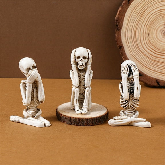 Three Skeleton Figurine Set for Halloween Display, Durable Resin Hear No See No Speak No Evil Skulls Ornament for Tabletop and Mantel Decor