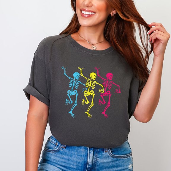 Three Skeletons Dancing Neon - Women's Garment Dyed Graphic T-Shirt