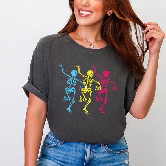 Three Skeletons Dancing Neon - Women's Garment Dyed Graphic T-Shirt
