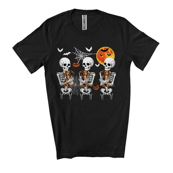 Three Skeletons Hug Dachshund; Humorous Halloween Costume Moon Skeleton; Family Group Unisex T-Shirt