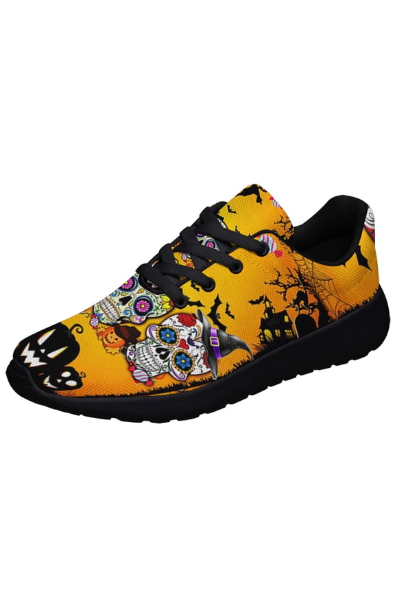 Three Skulls Halloween Shoes Sneakers for Women Men Black Size 10