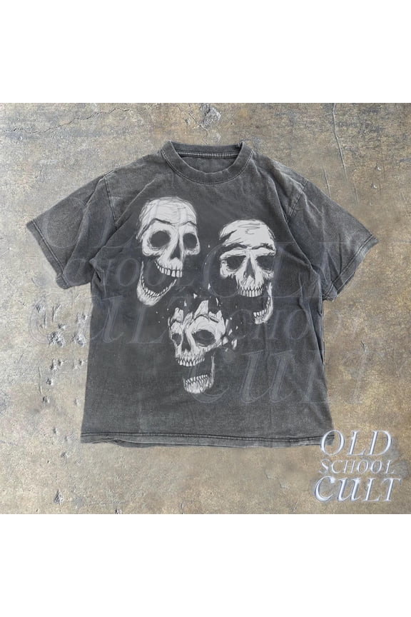 Three Skulls Y2k 90s Graphic Shirt, Skeleton Y2k Goth Retro Hand Drawn Tee, 2000s Horror C
