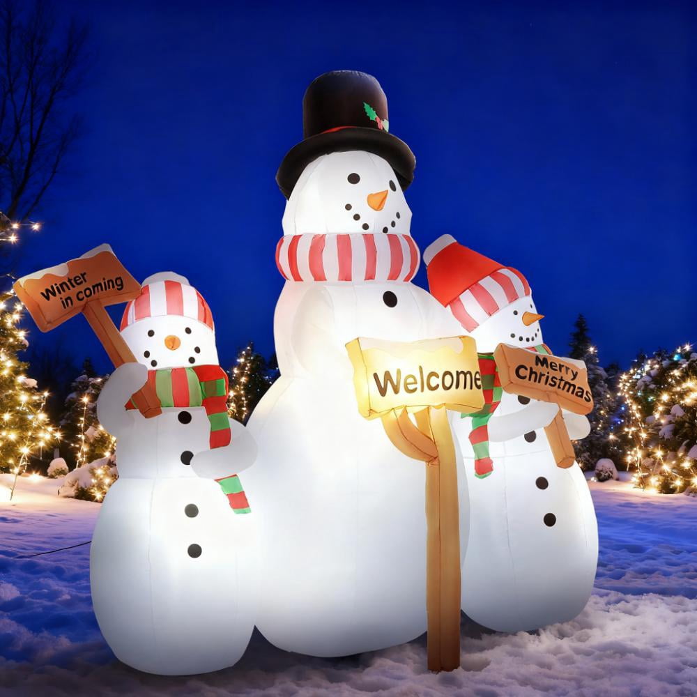 Three Snowmen Inflatable with Signs LED Lights Outdoor Yard Christmas Decoration