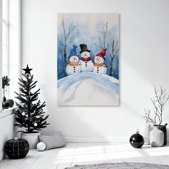 Three Snowmen On A Hill Wall Art Cozy Winter Scene Poster Winter Spirit Poster Snowy Decor Gift Ready To Hang, Unframed Poster Size 12x18