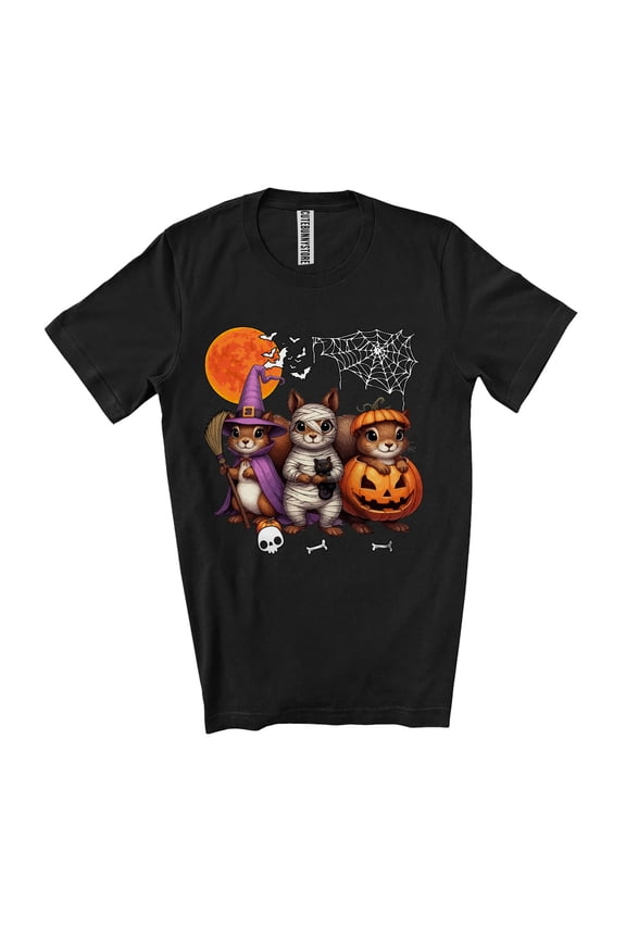 Three Spooky And Feral Squirrel; Humorous Halloween Costume Squirrel Witch Mummy Pumpkin Unisex T-Shirt