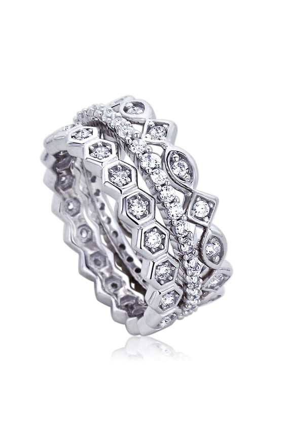 Three Stackable Bridal Set Engagement Ring, 2.2 Ct Simulated Diamond, 14K White Gold Plated Wedding Ring, Pave Set Honey Cube Ring For Her Birthday Gift, Round Cut Women's Daily Wear Anniversary Ring