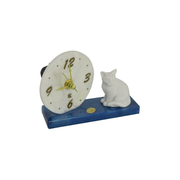 Three Star Handmade Italian Alabaster Stone Cat Desk Clock AB140