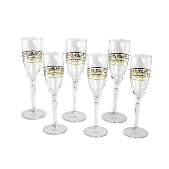 Three Star Import & Export GS1412 9 in. Flute Glass with Floral Design Set, 6 Piece