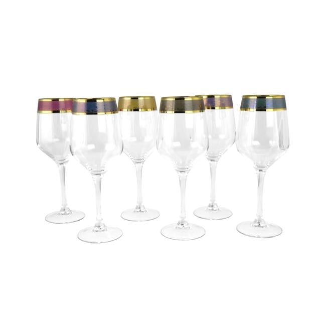Elegant Gold Rimmed Multicolor Wine Glass Set, 8.75 Inches