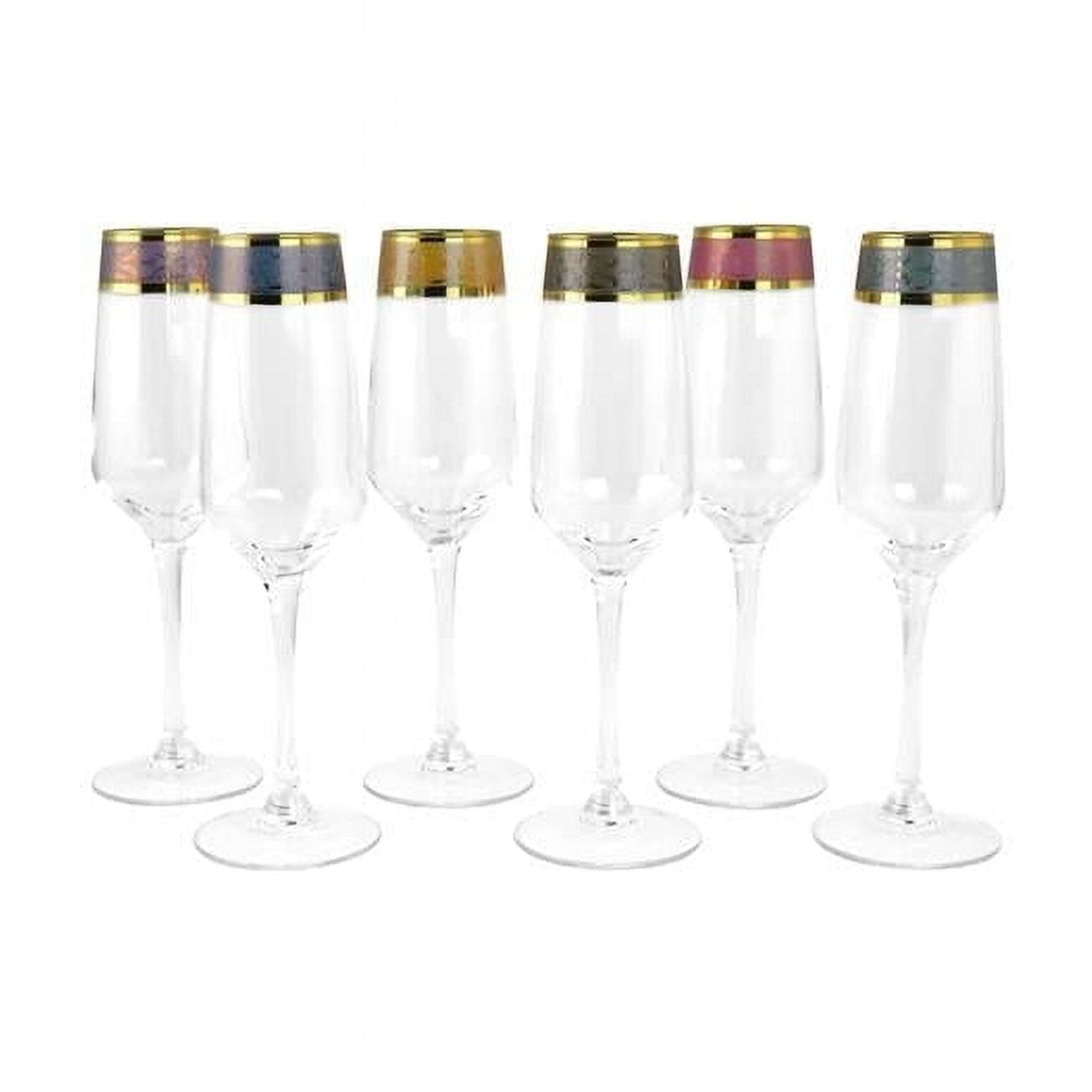 8.5 Inch Gold Rimmed Multicolor Flute Glass Set, 6 Piece