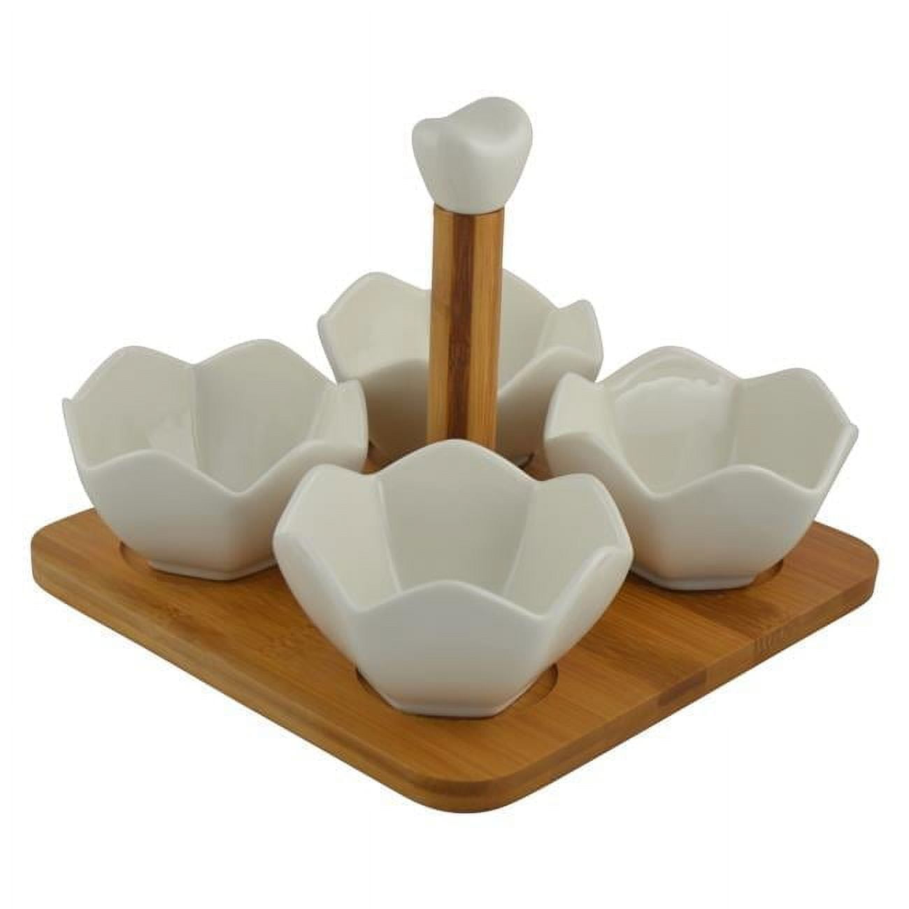 White Ceramic Condiment Bowls with Bamboo Tray and Handle