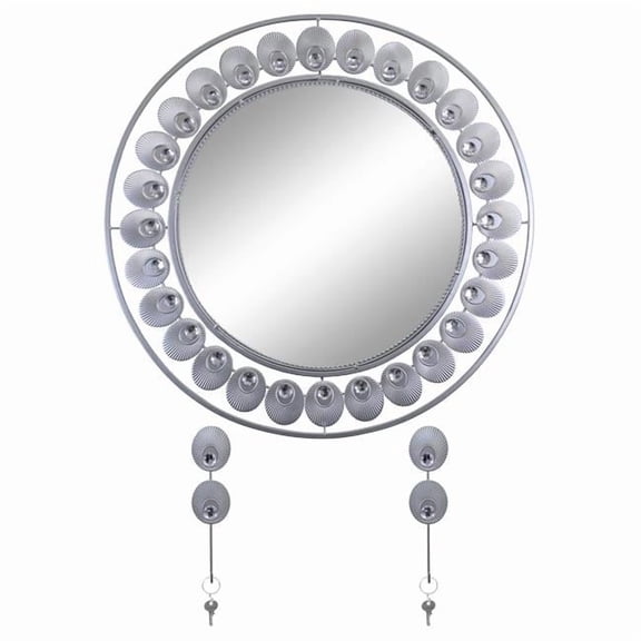 Three Star Import & Export YC890 24 in. Round Wall Mirror with Key Chain Holders, Silver Feathers